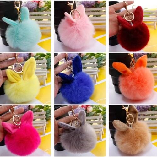 10pcs/lot Car Fluffy Faux Rabbit Ear Fur Ball Key Chain Holder Pompom Artificial Rabbit Fur Keychain Girls Car HandBag Keyring