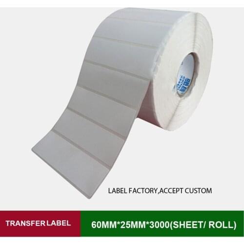 60*25mm 3000 sheets thermal transfer labels with high quality and provide custom printing logo for business barcode mark