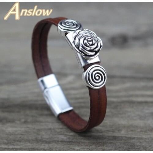 Anslow 2019 Creative Design Fashion Jewelry Vintage Retro Rose Charm Couple Leather Bracelets Party Accessories Gift LOW0723LB