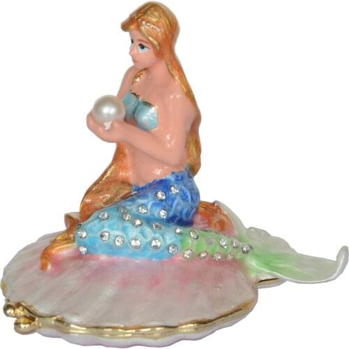 Bejeweled Mermaid on Scallop Shell Trinket Box Metal Jewelry Box Ring Holder Figurine Collectible Gifts
