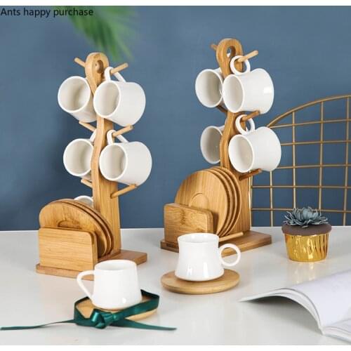 White Ceramics Coffee Cup and Saucer Set with Bamboo Cup Holder 80ml/180ml Coffee Cup with Wooden Cup Saucer Tea Set Six-piece