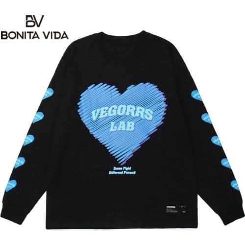 Bonita Vida T-Shirts Hip Hop Heart Print Long Sleeve Tshirt Harajuku Cotton Loose Outerwear Tees Streetwear Men Casual Tops