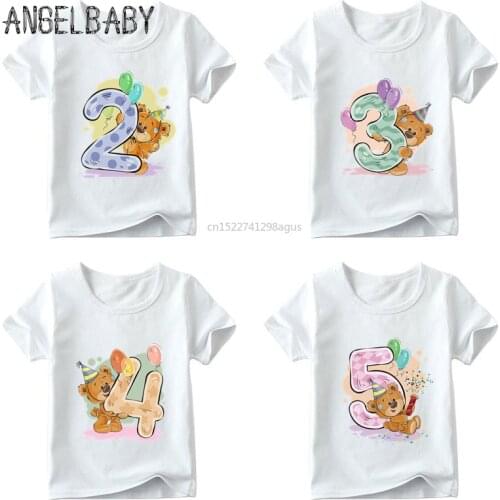 Girls Birthday Bear Number 1-9 Bow Print T shirt Baby Summer T-shirt,Kids Cartoon Winnie Birthday Present Cute Clothes,ooo5237
