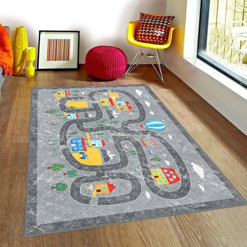 Gri Çocuk Odası Halısı ev araba yol şehir ağaç balon bulut gökyüzü su dağ gri halı