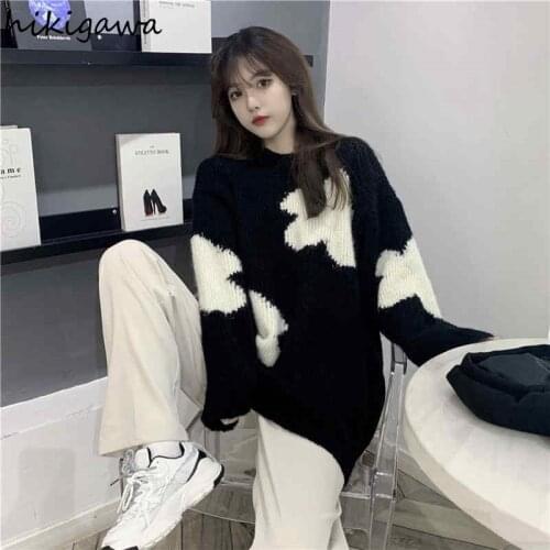 Hikigawa Fall 2021 Women Clothing Japanese Sweater Loose Vintage Knitted Pullovers Streetwear BF Loose Casual Jumper Tops 27a879