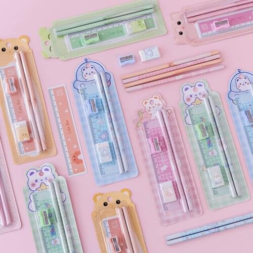 Five-piece wooden pencil set, rubber ruler, pencil sharpener, kindergarten school rewards, stationery gifts for boys and girls