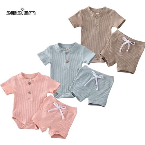 0-24M Newborn Kid Baby Boy Girl Clothes Romper Bodysuit One Piece Shorts Ribbed Solid Outfits 2Pcs Baby Summer Clothing