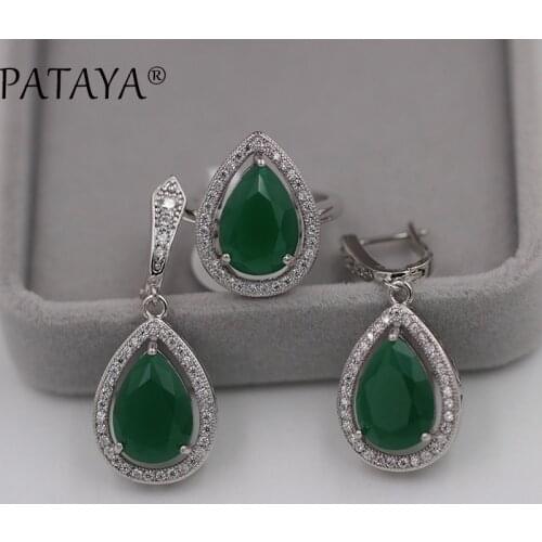 PATAYA True White Gold Jewelry Sets AAA Green Water Drop Natural Zircon Earrings Ring Set Women Romantic Wedding Party Jewelry