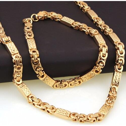 6mm Gold Tone Byzantine Chain Jewelry Set Including Necklace&Bracelet Charming 316L Stainless Steel Men Jewelry Set Gift