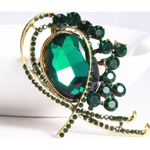 LUBOV New Red Green Big Crystal Decoration Golden Metal Bowknot Brooch Pin Women Party Jewelry Fashion Costume Accessories