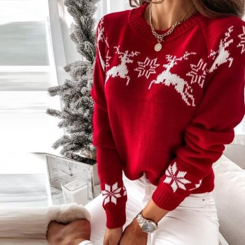 Autumn Winter Christmas Elk print Knitted Sweaters Women Fashion O Neck Long Sleeved Warm Sweaters New Loose Sweet Tops Pullover