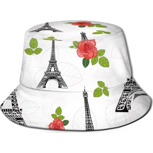 Bucket Hat Unisex Bob Caps Hip Hop Gorros Black Eifel Tower Paris And Red Roses Flowers Summer Panama Cap Beach Sun Fishing Hat