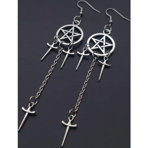 Pentagram Sword Earrings Silver Plated Huggie Hoops Dangle Witchy Jewelry Pagan Wiccan Tarot Gothic Emo Gift For Women