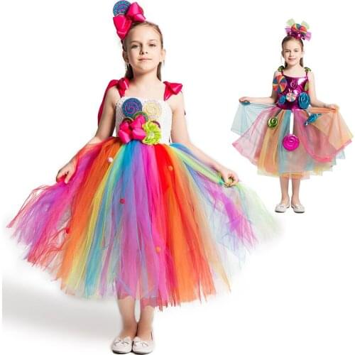 Rainbow Candy Dress Girls Sweet Costume for Carnival Birthday Kids Lollipop Flower Tutu Dress with Headband Cute Fancy Clothing