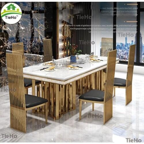 TieHo Luxury Marble Dining Table Chair Sets Modern Design Rectangular Dining Table Kitchen Table Chair Gold Stainless Steel