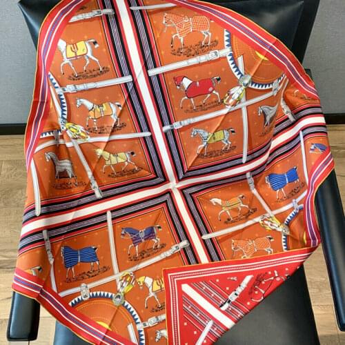 Luxury 100% Twill Silk Scarf Bandana Women Fashion Double-side Horse Print Shawl Hijab Hand Rolled Kerchief Turban 90*90cm