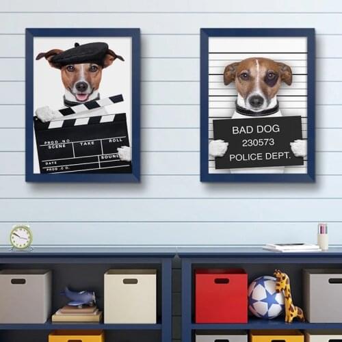 Modern Cartoon Animal Poster and Prints Funny Police Dog Canvas Painting Wall Picture for Pet Store Kids Nursery Room Decoration