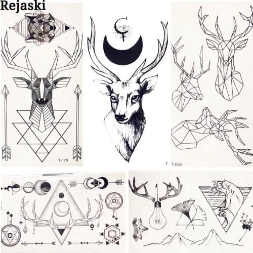 Geometry Moon Deer Waterproof Fake Temporay Tattoo Elk Moose Black Water Transfer Tatoo For Women Men Girl Kids Body Hands Art