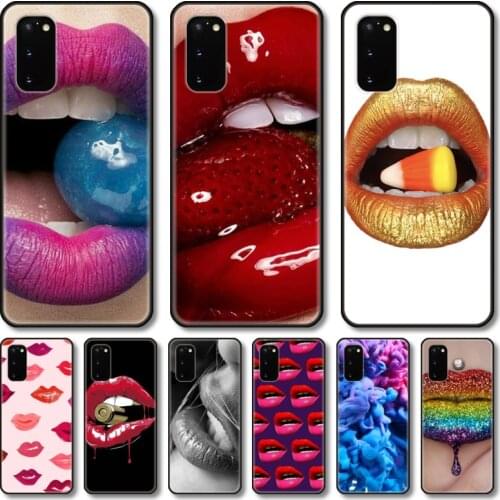 Red lips Phone Case For Samsung Galaxy Note S21 20 10 9 E Lite UW Ultra 5G PRO Black Shell Cover