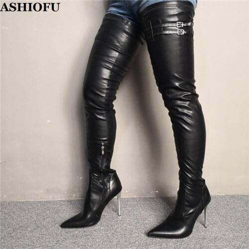 ASHIOFU Handmade New Womens Thigh High Boots Sexy Night-club Party Over Knee Boots Winter Evening High Heel Fashion Boots Shoes