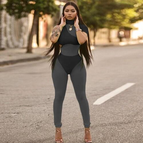 Mesh Sheer Ribbed Fitness Tracksuit Women 3 Piece Set Summer Outfits One Shoulder Crop Top+biker Shorts+see Through Jumpsuits