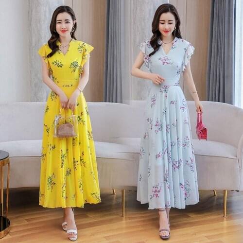 Mujer Chiffon Vestidos French Summer Bat Sleeve V-neck 2020 High Waist Was Thin Dress Temperament Floral Swing Dresses Z660