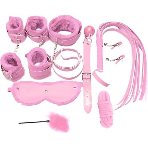 10Pcs Pink Color Couples Bondage Slave Sex Stimulation Sets Handcuffs Whip Rope Blindfold Nipple Clamps SM Adults Sex Toys woman