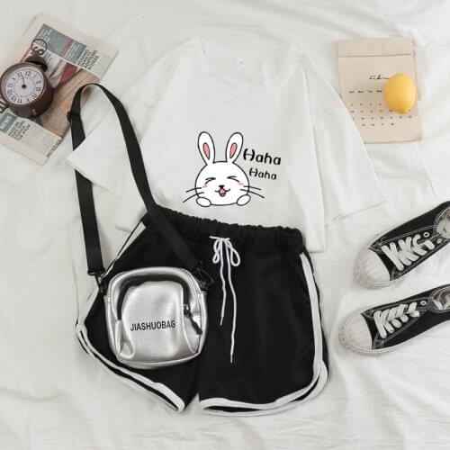 2000s Aesthetic Pajamas Woman Summer Cartoon Bunny Sleepwear Korean Sportswear Suit for Petite Women T-shirt and Shorts Set Girl