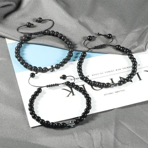 6mm Natural Beaded Men Bracelets Onyx Meditation Prayer Cross Charm Tiger Eye Lava Stone Braided Bracelet for Women Yoga Jewelry