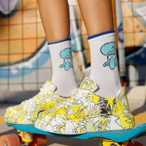 Chekich Womens & Mens Shoes White Yellow Patterned Non Leather Laces Colorful Printed Summer and Fall Seasons Unisex Sneakers Skate Best Friends Lightweight Casual High Sole Brush Comfortable Office CH255 Women V7