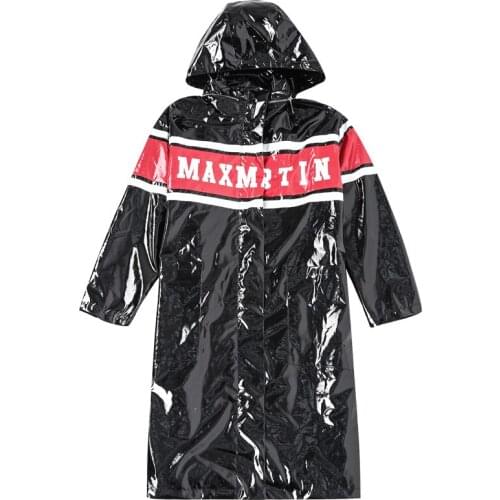 Female New Black Hooded Long Coat Harajuku Brand Women Fashion Letter Print Bright Side Jacket Loose Plus Size Outerwear Z965