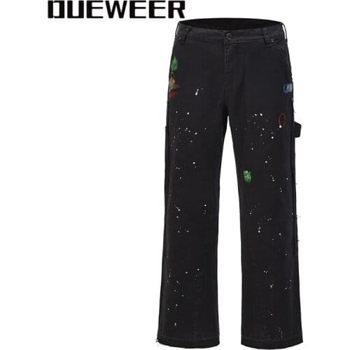 Dueweer 2021 Fashionable Patchwork Cargo Flared Pants Khaki Black Splash Ink Wide Leg Pants Men Hip Hop Graffiti Trousers
