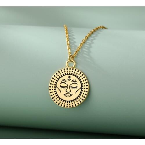 Goth Smiley Sun Moon Face Necklace For Women Girls Round Coin Tarot Pendant Choker Necklace Vintage Jewelry Collier Femme