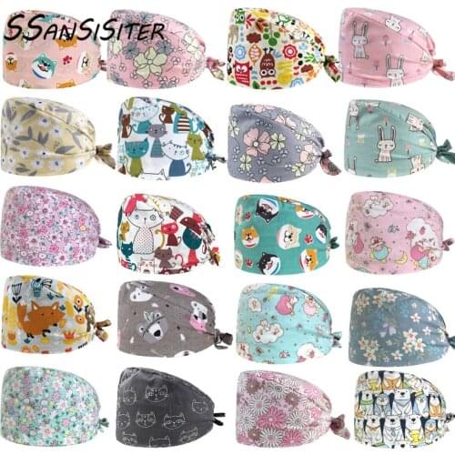 Cotton Sweatband Scrub Caps Cartoon Printed Workwear Bandage Adjustable Working Hats Beauty Salon Nursing Caps Accessories