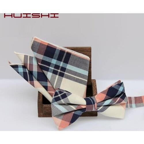 HUISHI New Design 14 Color Check Cotton Hanky Bow Tie Set Cotton Print Men BowTie Pocket Square Handkerchief Suit Wedding Part