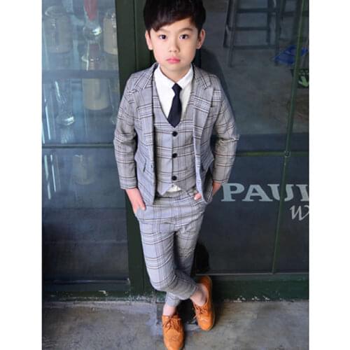Boy Spring/summer Suit Three-piece Set Boy Plaid suit Jacket British Vest+coat+Pants suit Vestido Infantil