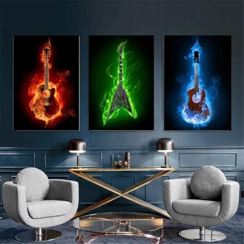 Colorful Fire Burning Guitar Electric Musical Instruments Poster Canvas Painting Wall Art Prints Living Room Decoration Pictures