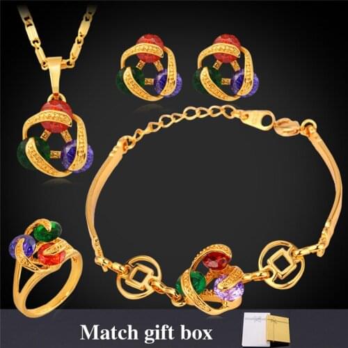 Pendant Neclace Earrings Hand Chain Ring Bracelet Wedding Set Brand Gold Color Cubic Zirconia Jewelry Set For Women PEHR255