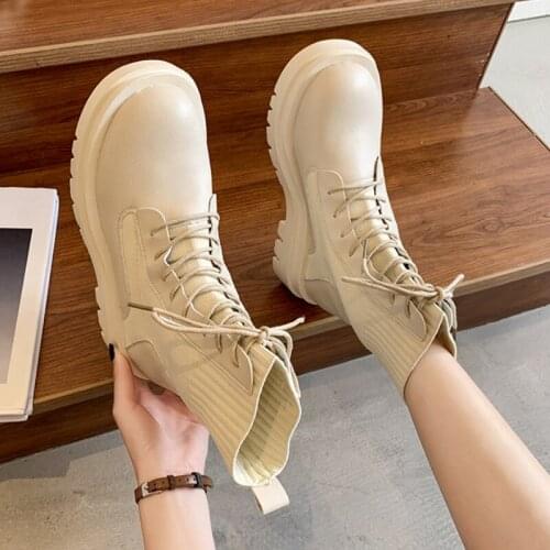 Lucyever Knitt Stretch Fabric Ankle Boots Women Retro Big Toe Thick Platform Motorcycle Boots Woman 2021 Lace-up Autumn Shoes