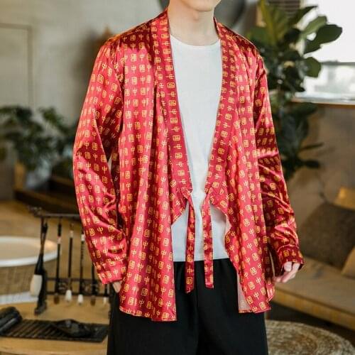 Oversize Chinese Language Characters Printed Satin Kimono Cardigan Red Silk Shirt For Mens Chinese Style Top Large Size Blouse