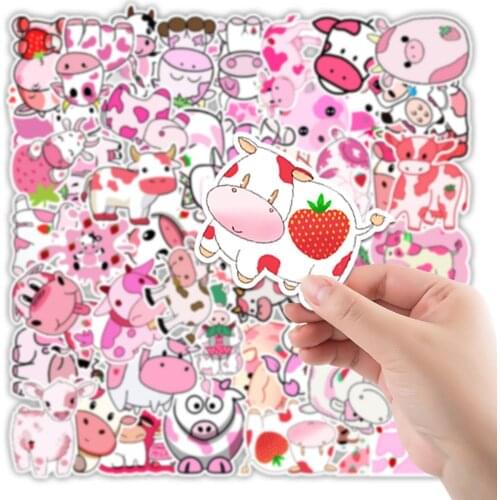 10/50PCS Kawaii Cartoon Pink Strawberry Cow VSCO Stickers for Kids DIY Skateboard Suitcase Laptop Bicycle Helmet Car Decals