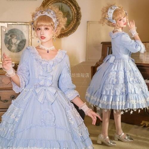 Original High Quality Meteor Lolita op Vintage Dress loli Palace Style V-neck Half Sleeve Knee Length lo Princess Dress Y897