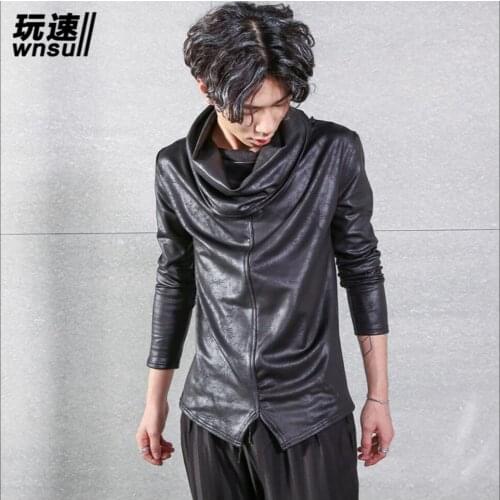 Autumn And Winter Mens Bottoming Shirt Slim High Collar Long-sleeved T-shirt Personality Plus Velvet Thick Tide Singer Costumes