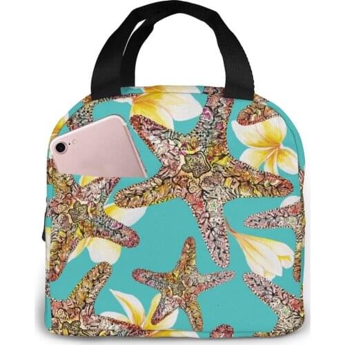 Beach Starfish Lunch Food Box Bag Fashion Insulated Thermal Food Picnic Lunch Bag for Women kids Men Cooler Tote Bag