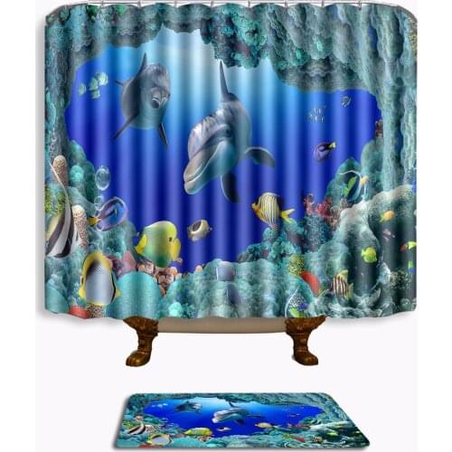 3D beach stone dolphin Shower Curtain Waterproof Fabric Bath Curtain For The Bathroom With 12 pcs Plastic Hooks Floor Mat