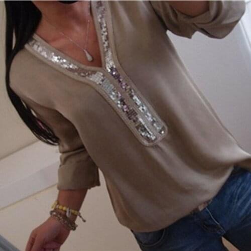 Plus Size Women Chiffon T-Shirts Long Sleeve Loose Sequined T Shirt Comfy Baggy Top Tee TShirt 2020