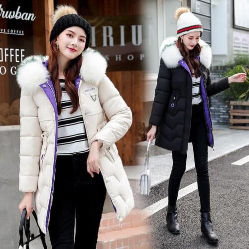 Womens Winter Jacket Fur Collar Medium Long Slim Down Cotton Jacket Cotton Jacket Long Jacket Thicken Womens