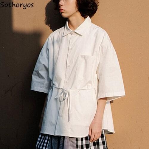 Women Short Sleeve Shirts Solid Trendy Loose Casual Lace-up Design Elegant All-match Japan Style Harajuku Cool Bf Blouses Teens