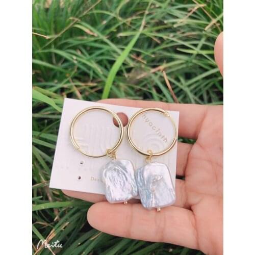 S925 Silver Ear Hook Needle Stud Earrings Natural Square Pearl With Zircon Brass 14kReal Gold Korea Jewelry for Women HYACINTH