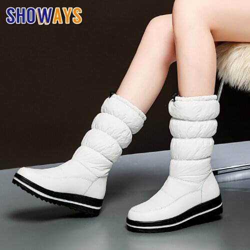 2021 Winter Women Snow Boots Flat Heels Casual Travel Ladies White Black Genuine Leather Down Fur Wedge Platform Mid-calf Boots